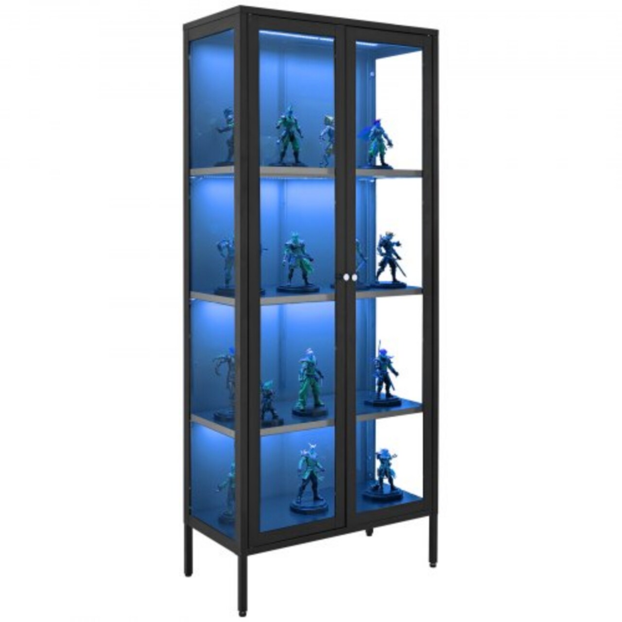 Black 4-Tier Steel Glass Display Curio Cabinet with LED Lights and with Adjustable Shelves